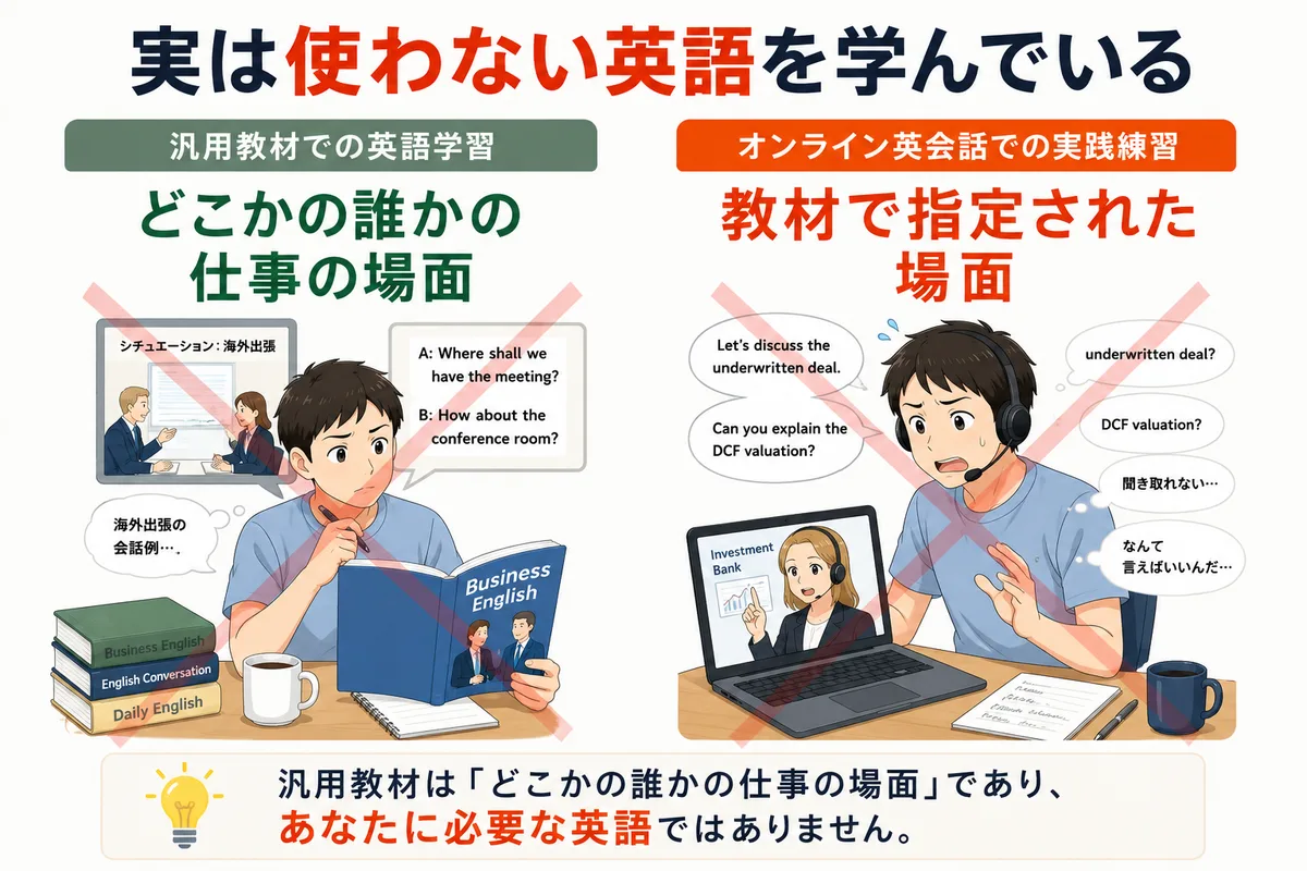 汎用教材での英語学習もオンライン英会話での実践練習も「どこかの誰かの仕事の場面」で、自分に必要な英語を学べていないことを示す対比イラスト
