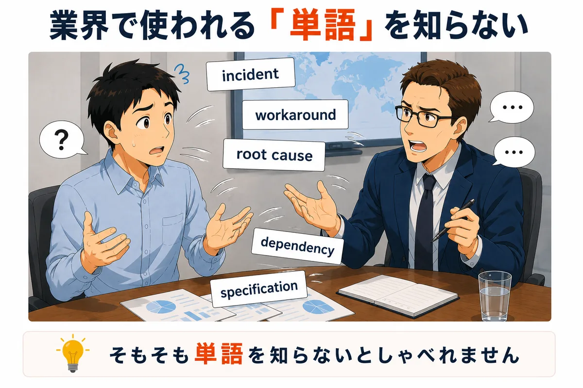 会議でincident・workaround・root causeなど業界で使われる英単語が飛び交い、単語を知らない人が話についていけず困っているイラスト